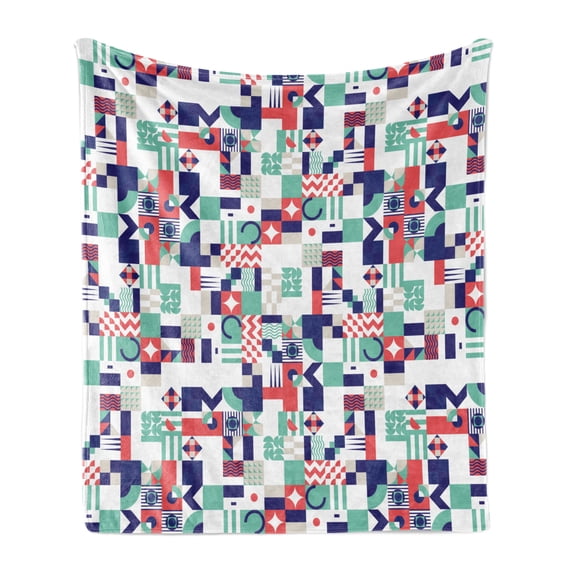 Mid Century Soft Flannel Fleece Throw Blanket, Rich Contemporary Mosaic of Funky and Pastel Shapes, Cozy Plush for Indoor and Outdoor Use, 70" x 90", Dark Purple Dark Coral, by Ambesonne