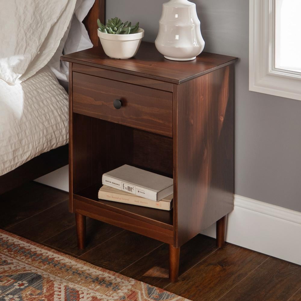 Mid-Century Solid Wood 1-Drawer Bedroom Nightstand in Walnut (Set of 2 ...