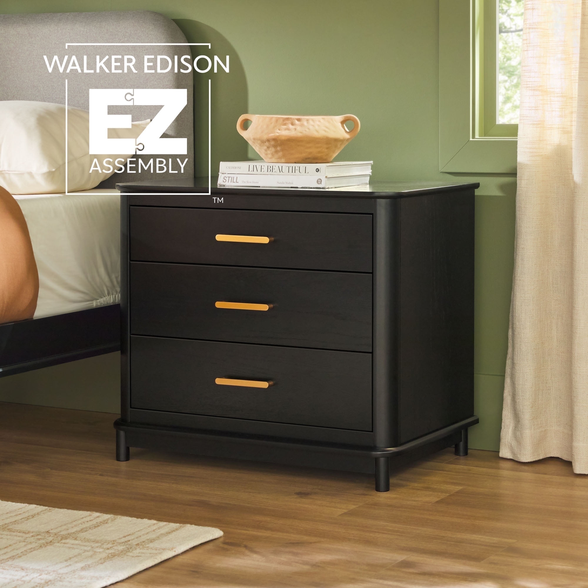 Black Solid Wood 3-Drawer Nightstand with Gold Handles