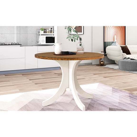 Mid - Century Solid Wood Round Table for Dining | Enjoy Meals in Retro Style | Durable Construction with Anti - Slip Pads | Fits Well in Small Eating Areas