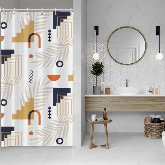 Mid Century Stall RV Shower Curtain Set 6 Hooks Gray Palm Leaves Shower Curtains for Hotel Bathroom Geometric Plaid Arch Pattern Waterproof Fabric Bathtub Decor Room Divider 36x72 inches