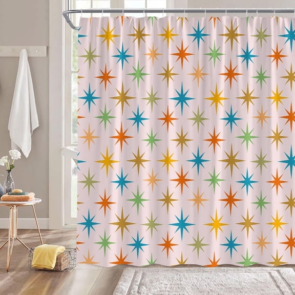 Mid Century Stall Shower Curtain Retro Colorful ​Atomic Starbursts Stars Boho Modern Abstract Pink Geometric Iconic Vintage Bathroom Fabric Curtain with Hooks