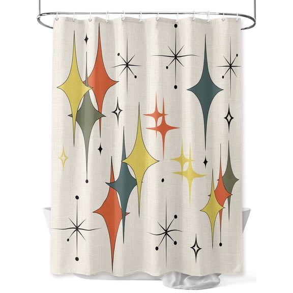 Mid Century Star Shower Curtain 36"W x 72"L Modern Diamond-shaped Yellow Linen Fabric Shower Curtains Set with Hooks Water Repellent Bathroom Curtains Machine Washable Bathroom Accessories