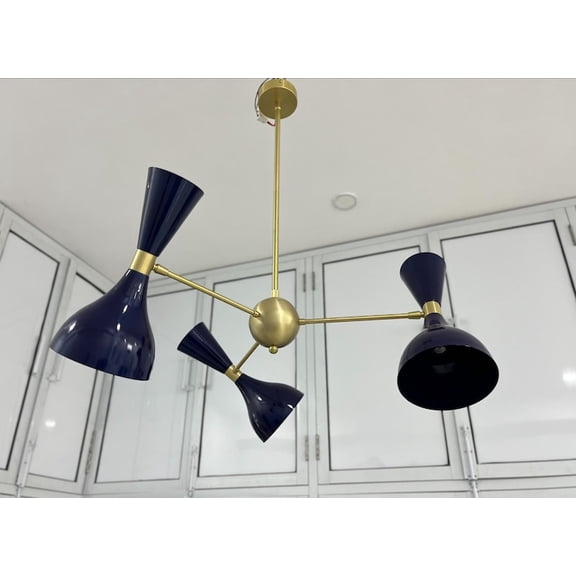 Mid Century Stilnovo 3 Arms Handmade Chandelier 6 Lights Fixture Dark Blue Shade And Brushed Brass Chandelier Decorative