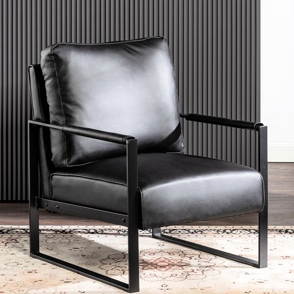 Mid Century Style Armchair, Strong Metal Frame, Black Pu Leather For Bedroom, Living Area Comfortable Frame Leather, Spotted Upholstery Office