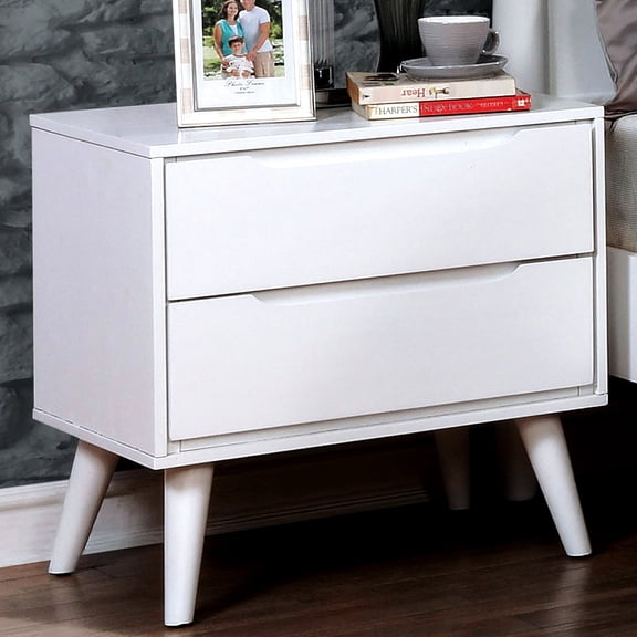 Mid-Century Style Bedside Cabinet | Bedroom Use with Slim Flared Legs and Recessed Handles | Wood Veneer Build | Solves Bedroom Storage Mess