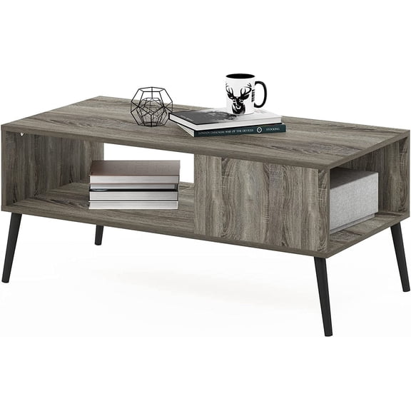 Mid Century Style Coffee Table with Wood Legs, French Oak Grey Large Non-Lift Top