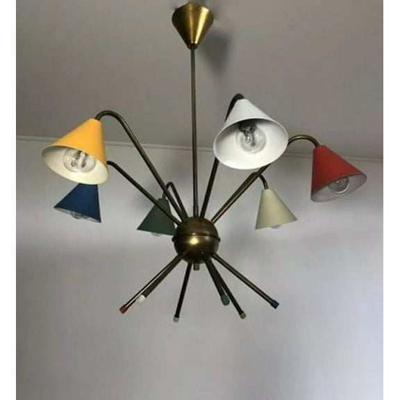 Mid-Century Style Italian Ceiling Light Chandelier with Multicolored Stilnovo-Inspired Lights