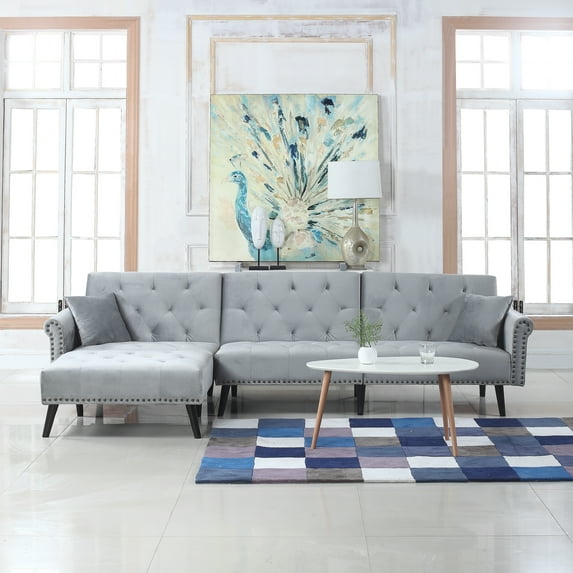 Mid Century Style Microfiber Velvet Futon Sectional, Light Grey