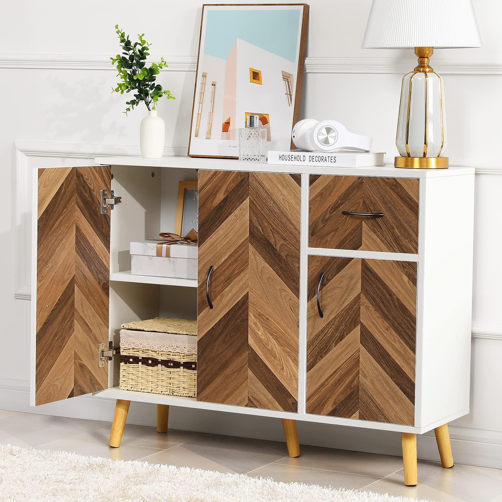Mid-Century Style Storage Cabinet with 3 Doors 1 Drawer, Narrow Buffet ...