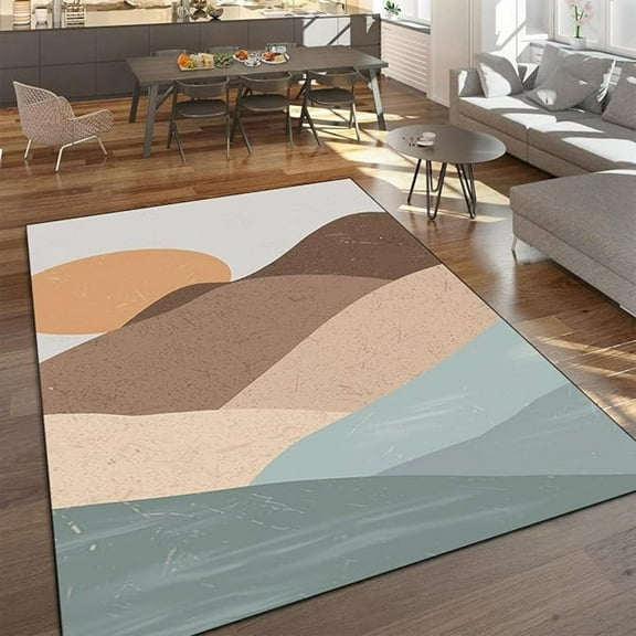Mid Century Sun And Mountain Area Rug, Bohemian Geometry Mountains Soft Washable Carpet, Upholstery Rug With Non-Slip Backing For Kids Bedroom Living Room Dining Room Study 4x5ft