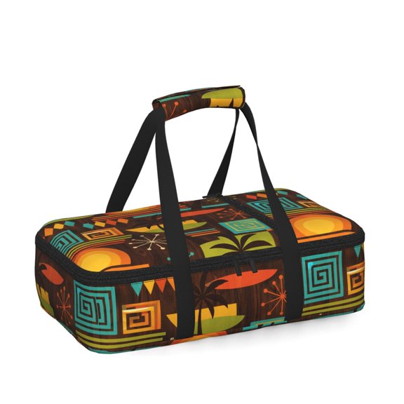 Mid Century Sunset Palm Art Insulated Casserole Carrier for Hot Cold Food, Bakeware Potluck Thermal Lunch Bag for Lasagna, Parties, Tailgating