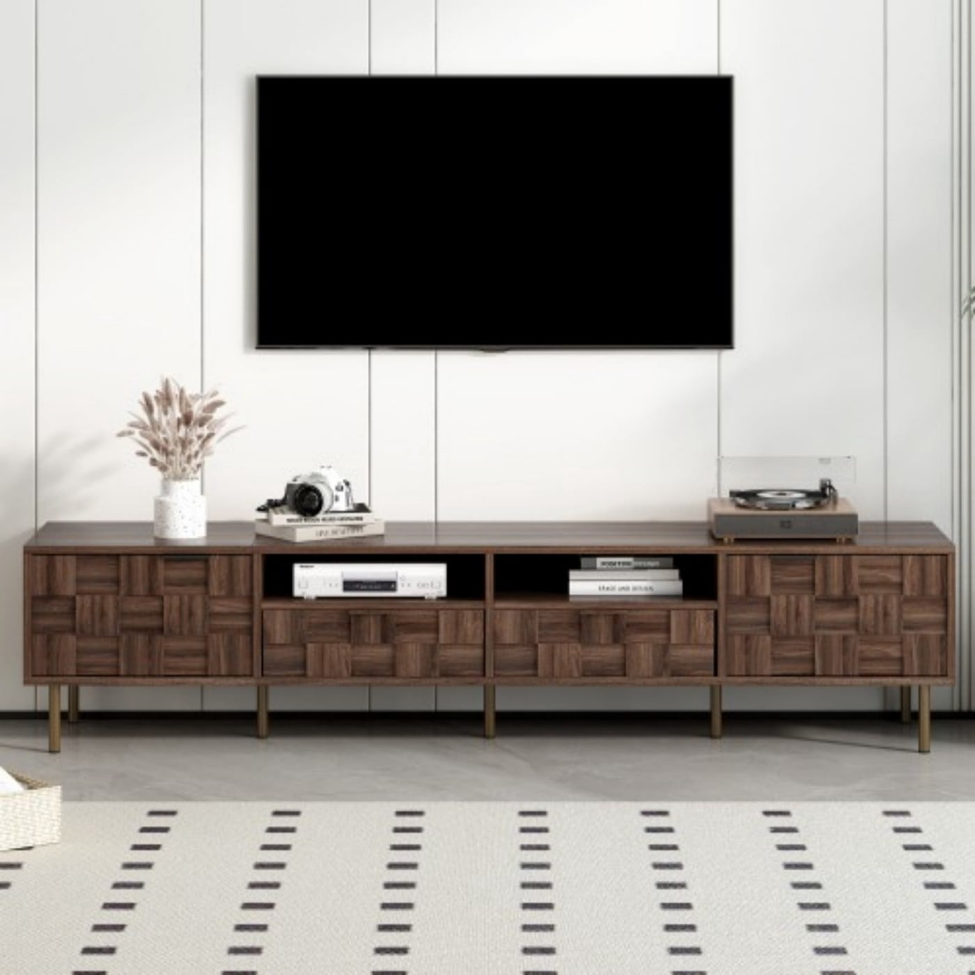 Mid Century TV Stand for 85 Inch TV, 78.7" Wood Media Console with 2 Drawers & Storage Cabinets, Entertainment Center with Cable Management for Living Room Bedroom Home Theater, Dark Brown