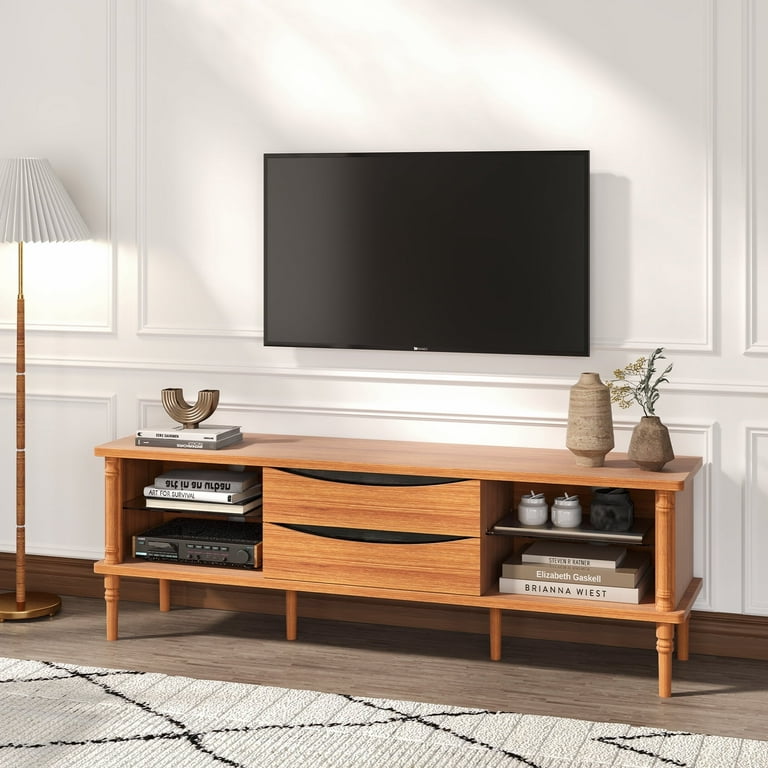 JOINICE Mid Century TV Stand with 2 Shelves and Drawer Holds up to 75 inch TV Cherry Walmart