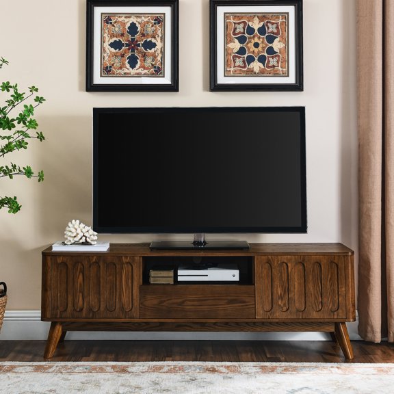 Mid Century TV Stand | Ideal for Living Room Décor with Fluted Design | Solid Wood Legs and MDF Base | Resists Deformation