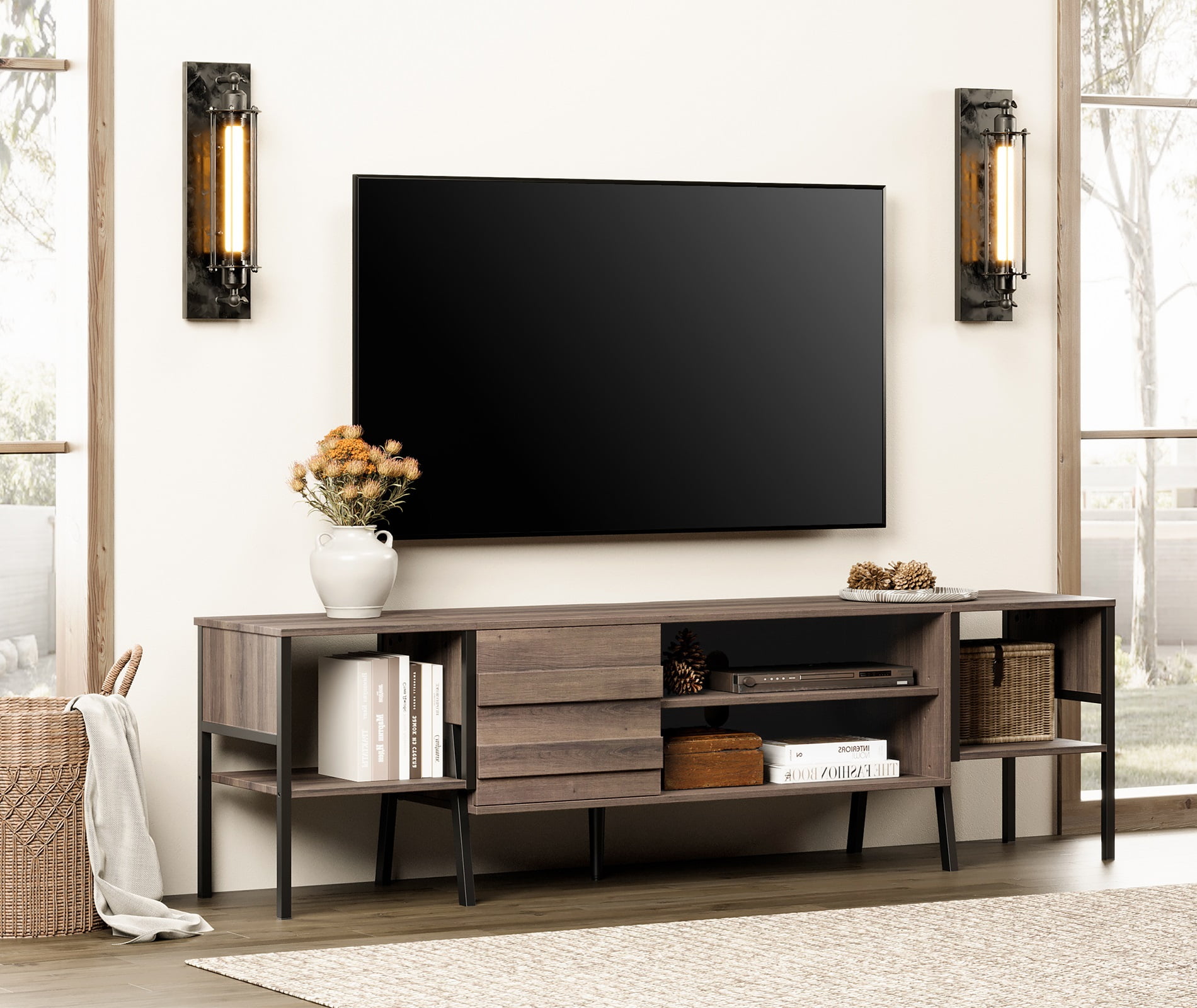 FITUEYES Mid Century 75 inch Wood TV Stand Entertainment Center for Up to 85 inch TV Brown