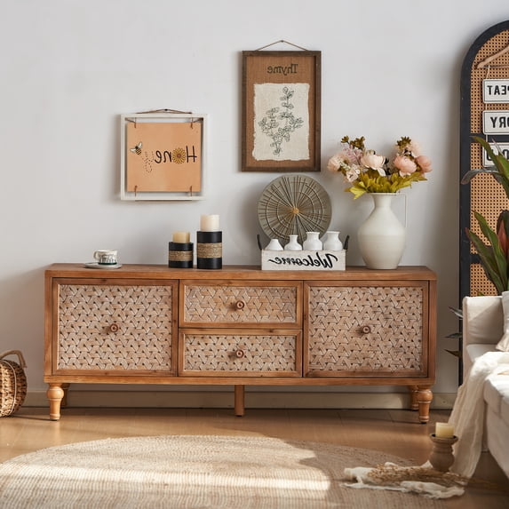 Mid Century TV Stand for TVs up to 65", Rattan Media Console with Drawer & Door, Boho Distressed Wood Entertainment Center for Living Room