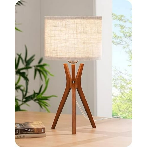 Mid Century Table Lamp, 17.5" Tripod Bedside Lamp with Deep Wood Color Light Base & Beige Linen Lampshade, Nightstand Lamp for Bedroom, Living Room, Reading Room, E26 Base