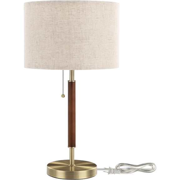 Mid Century Table Lamp, Bedside Lamp with Pull Chain Switch, Solid Wood & Metal Pole, Modern Nightstand Table Lamp for Living Room, Bedroom, Office, Frosted Bronze & Wood Finish