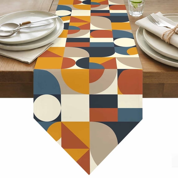Mid Century Table Runner 72 Inches Long Orange Brown Beige Blue Abstract Retro Geometric Modern Table Runners for Dining Room Tabletop Dresser Scarf Home Party Banquet Wedding Holiday Decoration