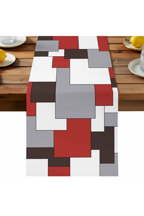 Mid Century Table Runner, Absrtact Geometric Red Gery Brown Cotton Linen Table Cloth, Tablerunner for Kitchen Dining Party Wedding Home Decor 13x36 Inch