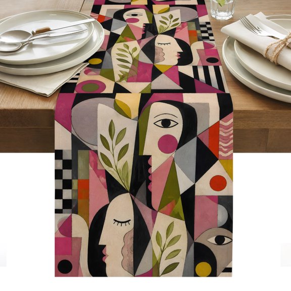 Mid Century Table Runner, Abstract Overlapping Face Silhouettes Botanical Leaf Washable Kitchen Table Runners Dress Scarves for Dining Table Decorations Party/Restaurant/Indoor Outdoor Use, 13x36in