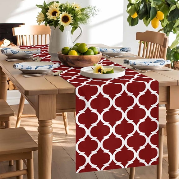 Mid Century Table Runner, Art Geometric Morocco Stripes Wine Red Washable Kitchen Table Runners Dress Scarves for Dining Table Decorations Party/Restaurant/Indoor Outdoor Use, 13x120in