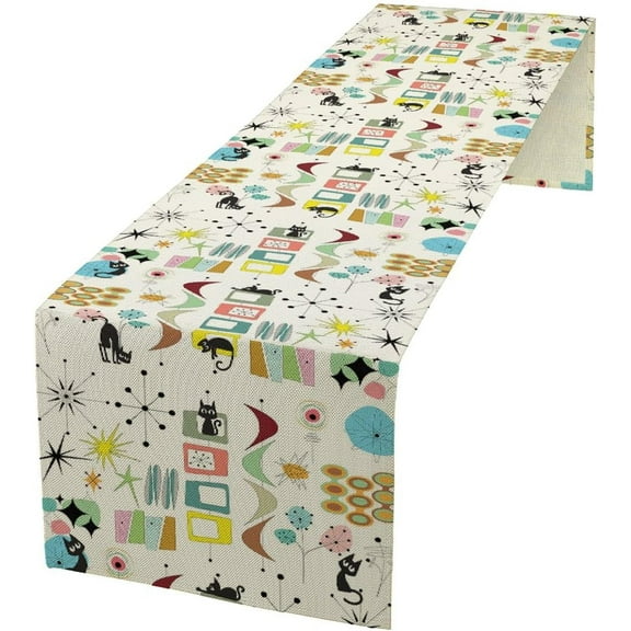 Mid Century Table Runner Modern Black Cat Colorful Geometric Atomic Star for Kitchen Dining Room Dining Table Decoration 13x70in