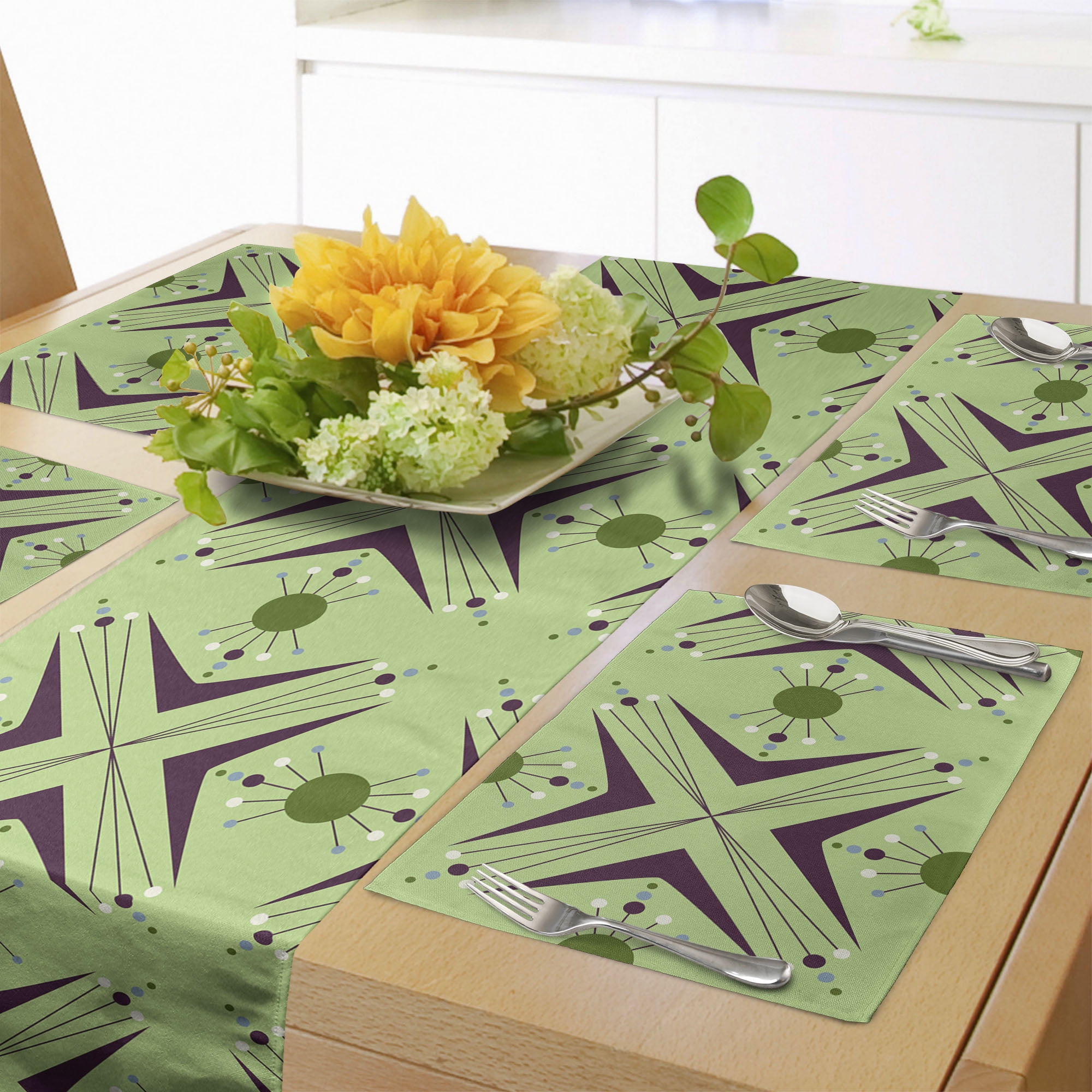 Mid Century Table Runner & Placemats, Atomic Form Boomerang Details Dots and Crossed Lines, Set