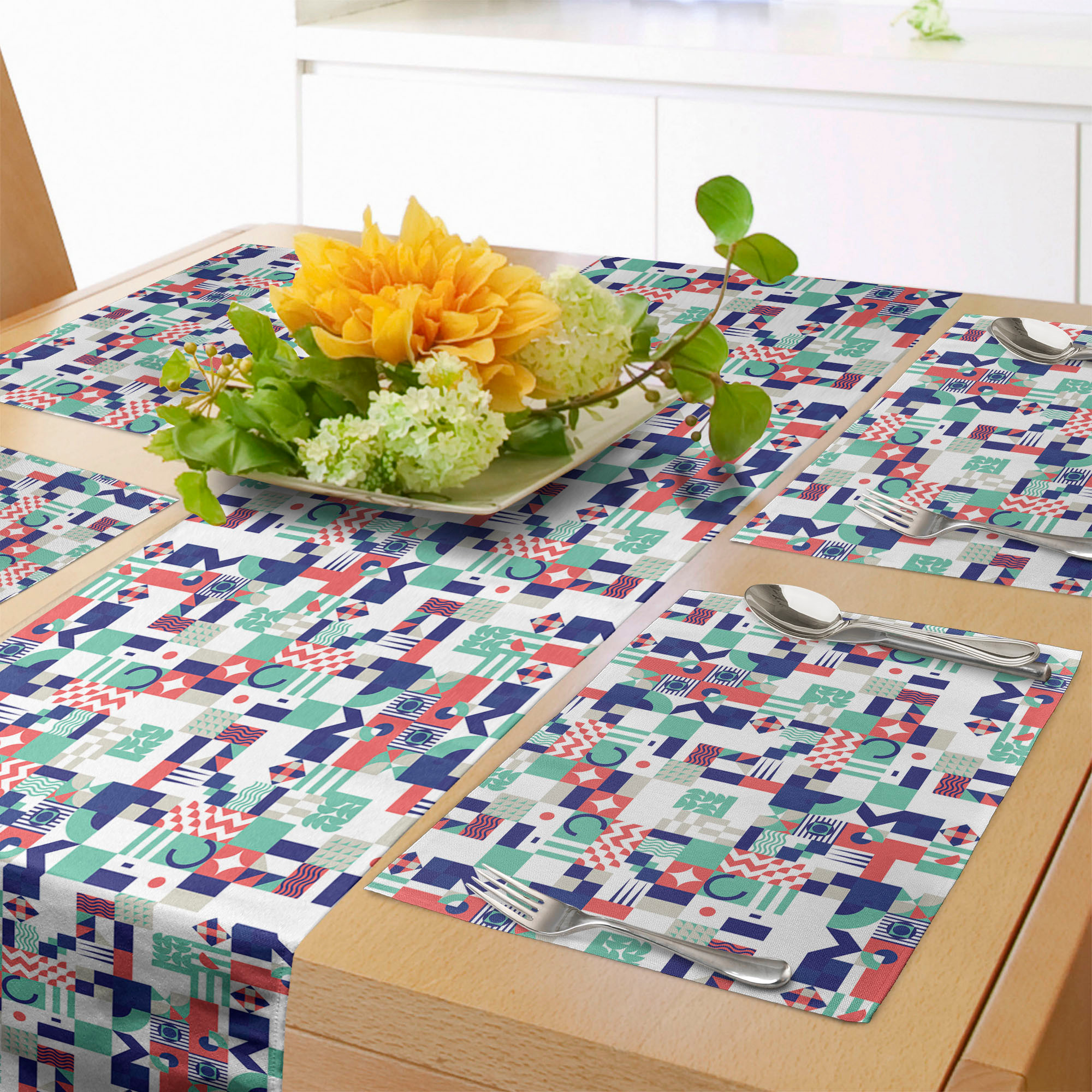 Mid Century Table Runner & Placemats, Rich Contemporary Mosaic of Funky