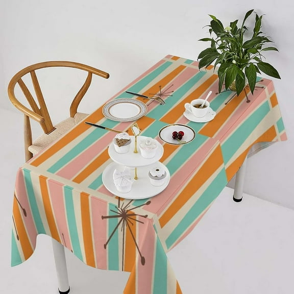 Mid Century Tablecloth, Modern Orange Blue Pink Geometric 1950s Boho Atomic Pattern Table Cloth for Holiday Home Picnic Party Wedding Buffet Parties Camping, Rectangle(60x102in)