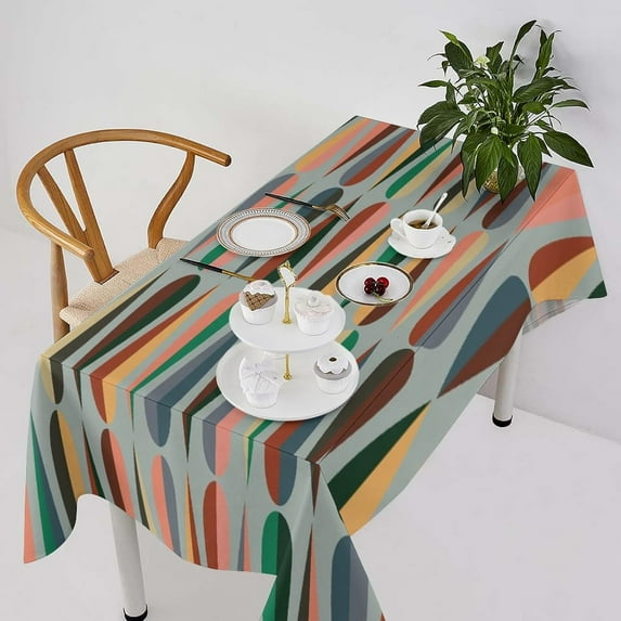 Mid Century Tablecloth, Modern Style Retro Drop Shapes in Tones Abstract Print Washable Table Cover for Decoration Kitchen Dining Room Party Decor, Rectangle60x84