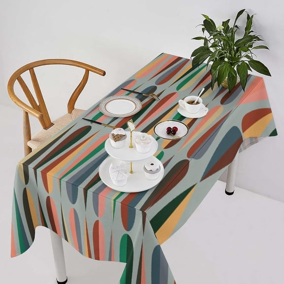 Mid Century Tablecloth, Modern Style Retro Drop Shapes in Tones Abstract Print Washable Table Cover for Decoration Kitchen Dining Room Party Decor, Rectangle(60x84in)