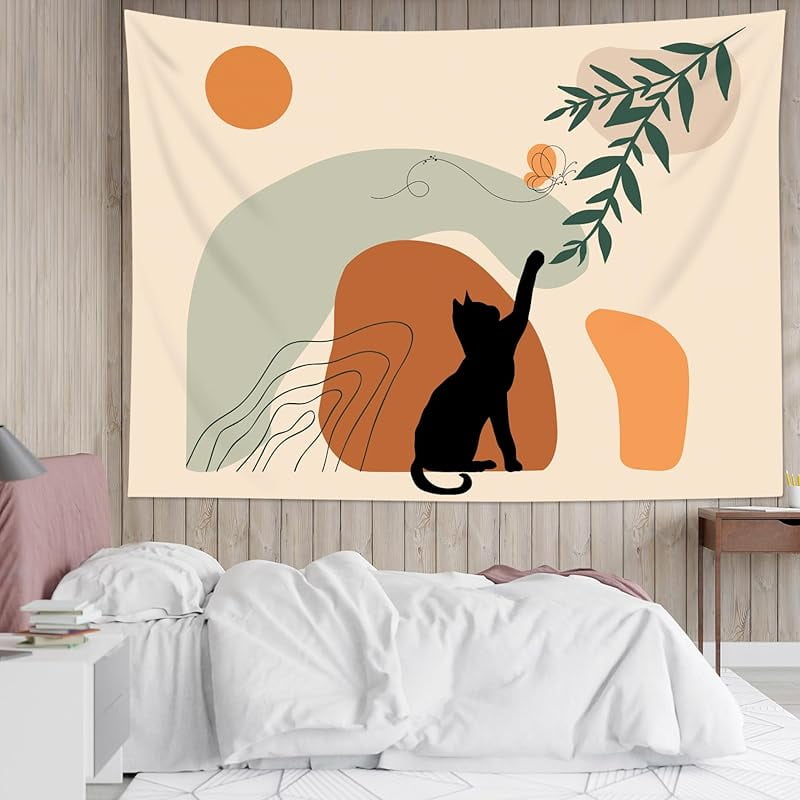 Mid Century Tapestry, Abstract Black Cat with Green Leaves and