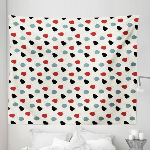 Mid Century Tapestry, Retro Revival Space Design with Random Abstract Blots and Outlines, Fabric Wall Hanging Decor for Bedroom Living Room Dorm, 5 Sizes, Slate Blue Red Black, by Ambesonne