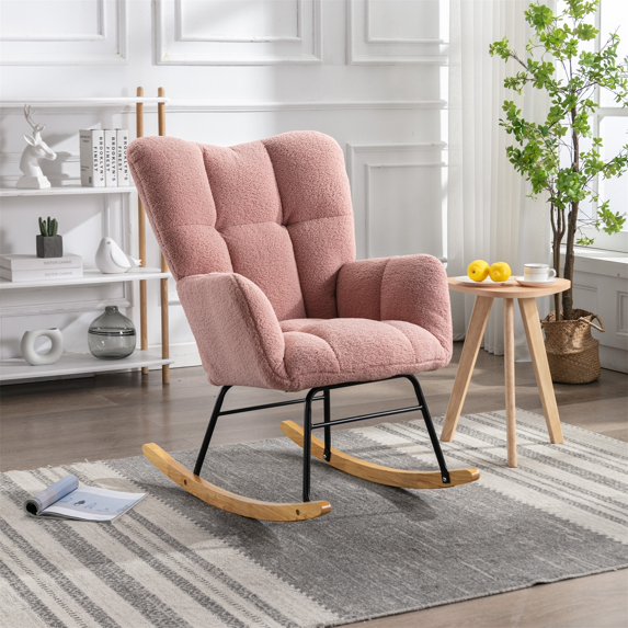 PORKISS Teddy Upholstered Rocking Chair with High Backrest Armchair for Living Room Bedroom, Pink