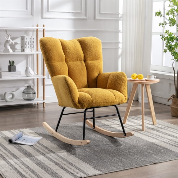 PORKISS Teddy Upholstered Rocking Chair with High Backrest Armchair for Living Room Bedroom, Yellow