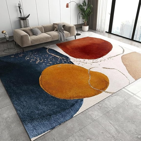 Mid Century Terracotta Abstract Geometric Area Rug, Burnt Orange Navy Block Gold Line Non Slip Rugs, Washable Carpet For Living Room Bedroom Kitchen Office Decor Floor Mat 1x2ft