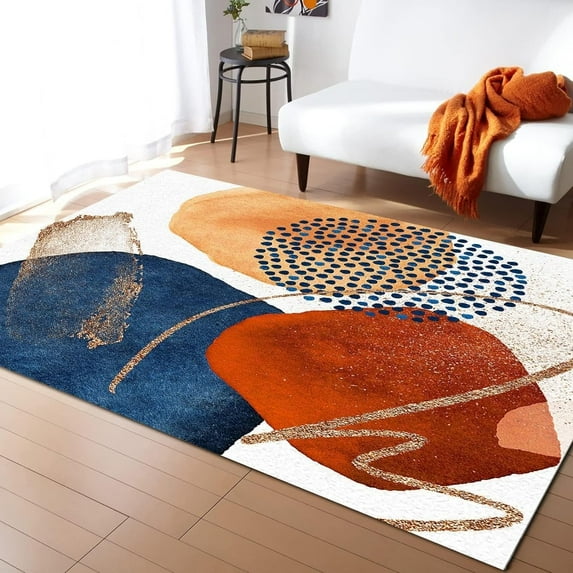 Mid Century Terracotta Abstract Geometry Area Rug, Burnt Orange Navy Block Gold Line Living Room Rugs, Easy Clean Carpet Washable Indoor Non-Slip Rug for and Decor,5x7ft