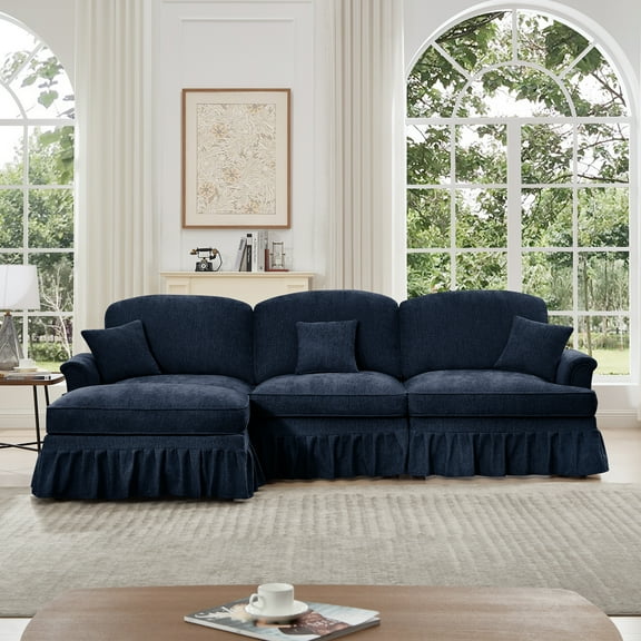 Mid Century Three Seater Modular L Shaped Sectional Couch with Flared Arms and Removable Ruffles Pleats Skirts and Spindle Legs, Comfy Chenille 3-Seat Deep Seat Sofa with Movable Ottoman,Blue