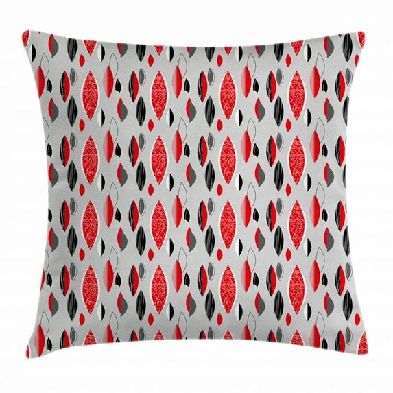 Mid Century Throw Pillow Cushion Cover, Abstract Oval Leaf Forms with Different Designs and Color Combinations, Decorative Square Accent Pillow Case, 20 X 20 Inches, Red Black Pale Grey, by Ambesonne