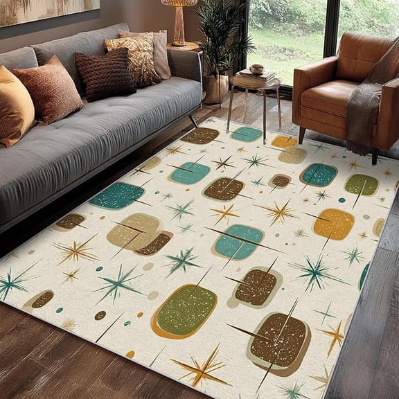 Mid Century Throw Rug, Washable Retro Squares Atomic Area Rugs - Vintage Modern Home Decor Small Carpet, Entryway, Bedroom, Kitchen, Indoor Mat, Soft, Non Slip, Non Shedding 5 x 6ft