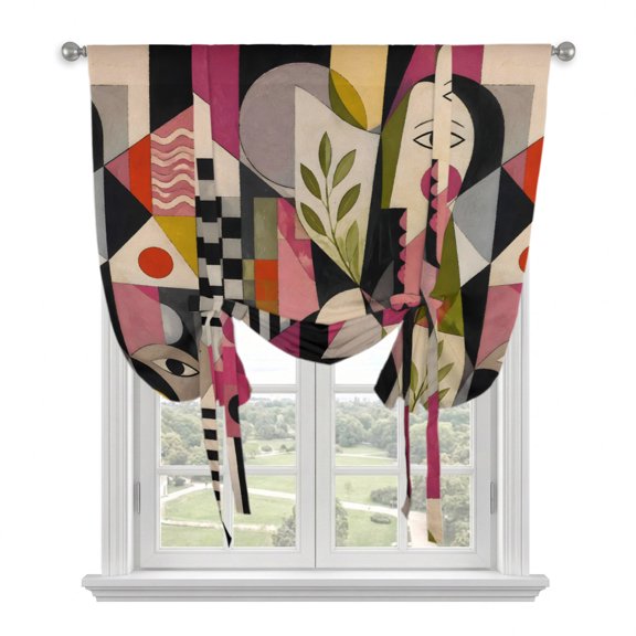 Mid Century Tie Up Balloon Window Curtain 42W x 63L Inch, Abstract Overlapping Face Silhouettes Botanical Leaf Rod Pocket Adjustable Tie Up Curtains Small Kitchen Sink Curtains for Cafe Bedroom