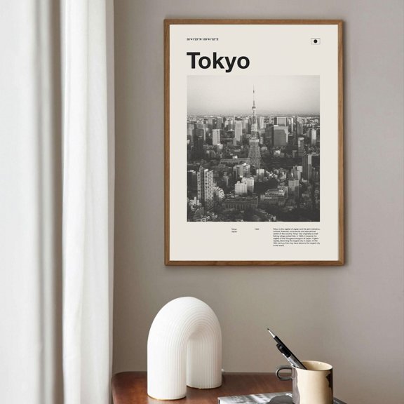 Mid Century Travel Wall Art Japan Modern Metropolis Landscape Decor, Unframed Canvas