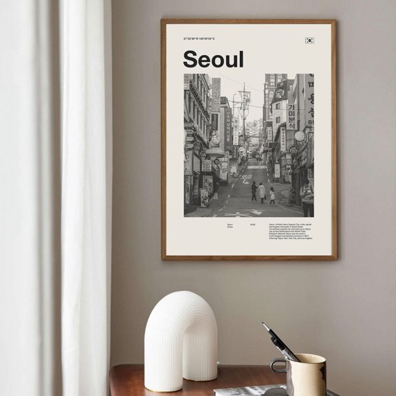 Mid Century Travel Wall Art South Korea Capital Cityscape Decor, Unframed Canvas