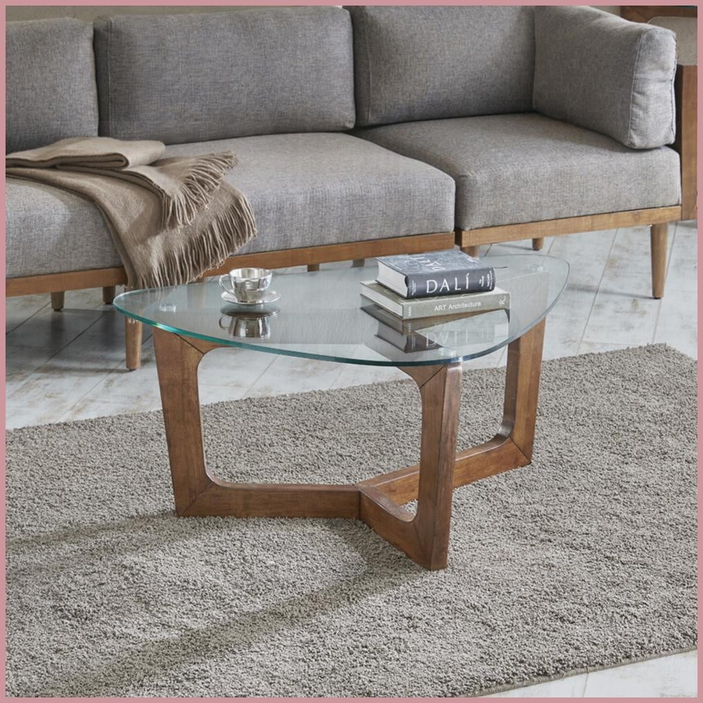 Mid-Century Triangle Coffee Table with Pecan Wood Base & Tempered Glass ...