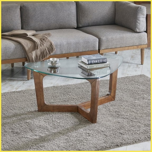 Mid-Century Triangle Coffee Table with Pecan Wood Base & Tempered Glass Top for Living Room, 75 LBS Capacity