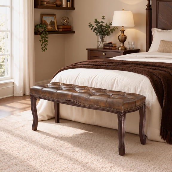HomeMiYN Mid-Century Tufted Bedroom Bench, 45.3"W Upholstered End of Bed Bench with Nailhead Trim and Carved Solid Wood Legs, Faux Leather Ottoman Bench for Bedroom, Entryway,Brown
