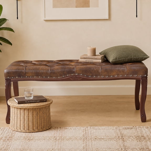 Mid-Century Tufted Bedroom Bench, 45.3"W Upholstered End of Bed Bench with Nailhead Trim and Carved Solid Wood Legs, Faux Leather Ottoman Bench for Bedroom, Entryway,Brown