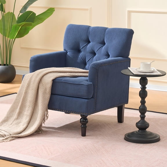 Tufted Club Chair, Corduroy Accent Armchair with Button Tufting & Nailhead Trim, Mid-Century Modern Reading Chair for Living Room, Bedroom, Blue